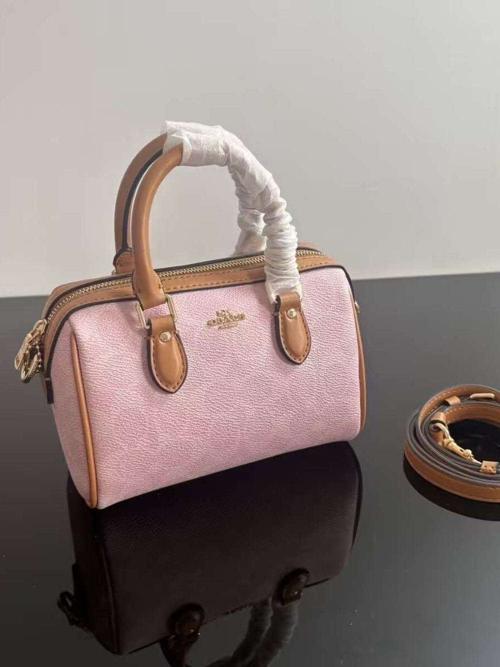 Coach Pink Pebbled Leather Mini Satchel with Tan Trim and Gold Hardware